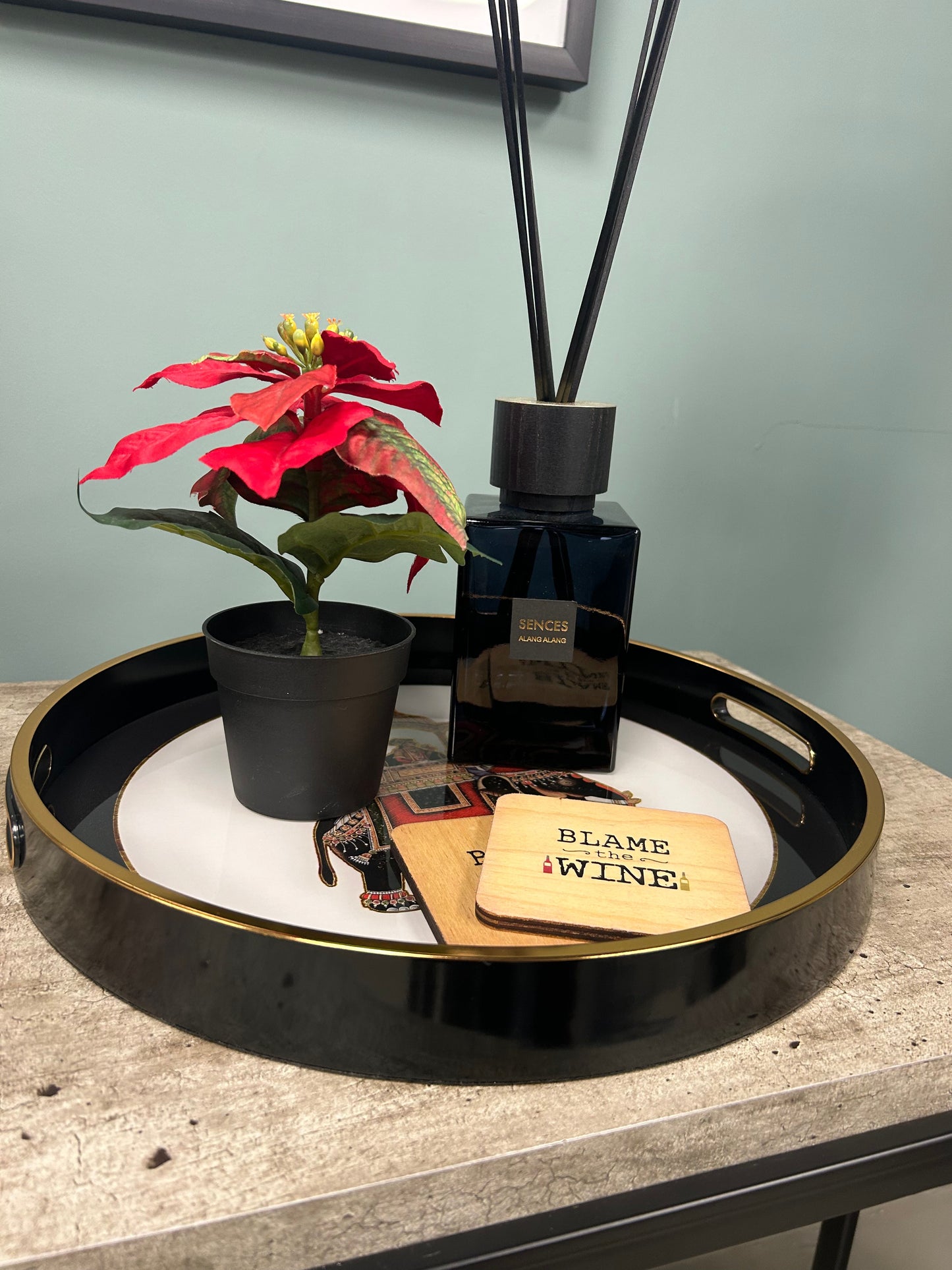 Luxury Black & Gold Royal Elephant Round Serving Tray – Glass Top & Classic Design