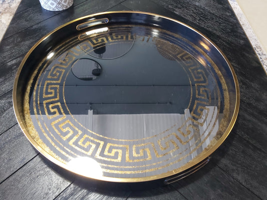 Black & Gold Greek Key Round Serving Tray – Glass Top & Decorative Trim