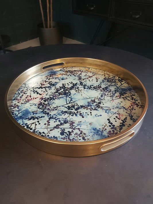 Gold Floral Print Round Serving Tray – Glass Top & Decorative Frame