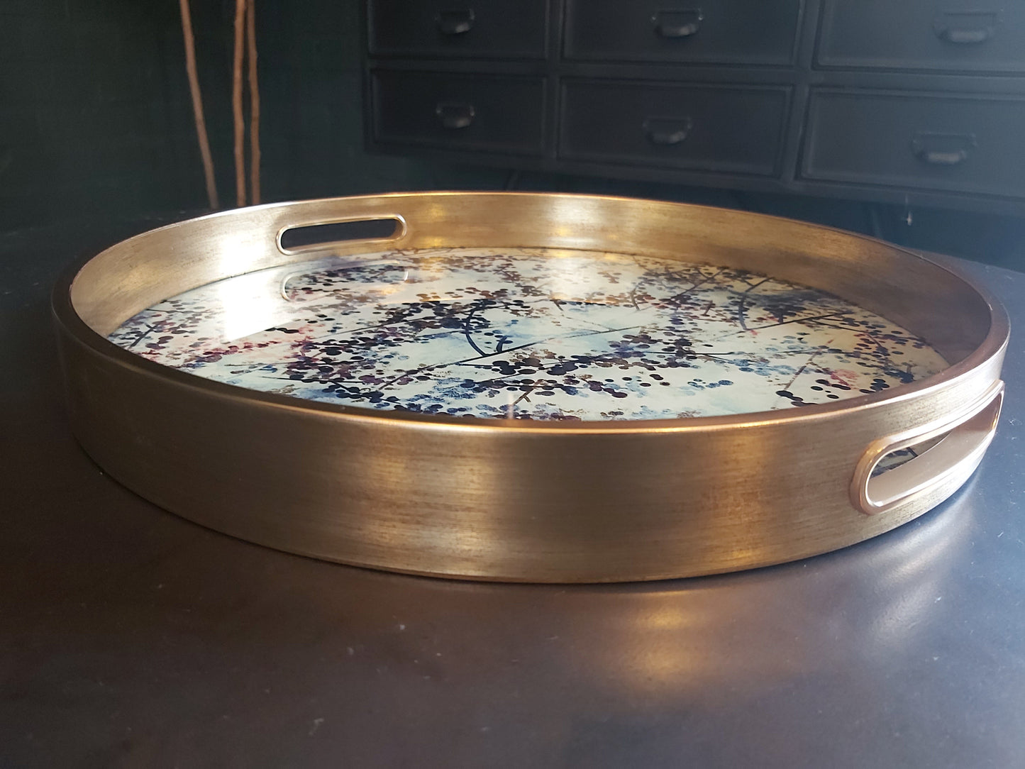 Gold Floral Print Round Serving Tray – Glass Top & Decorative Frame