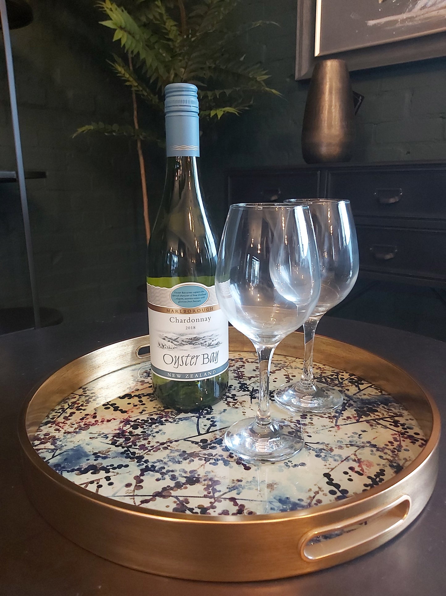 Gold Floral Print Round Serving Tray – Glass Top & Decorative Frame