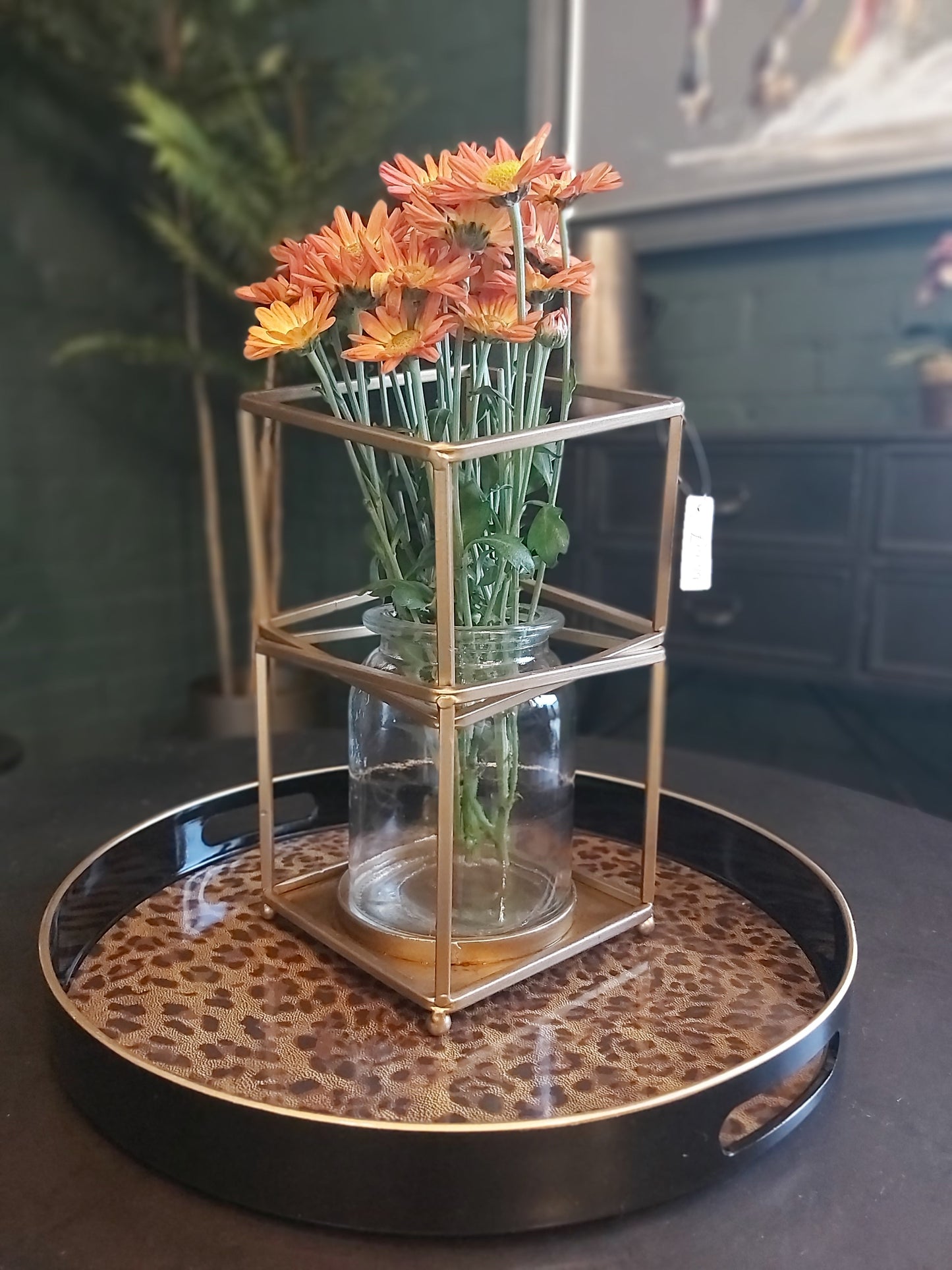 Chic Leopard Print Round Decorative Tray – Black Frame & Gold Accents