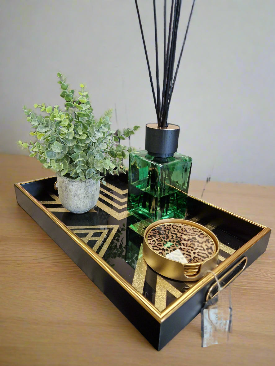 Modern Black & Gold Geometric Serving Tray – Glass Top & Sleek Finish
