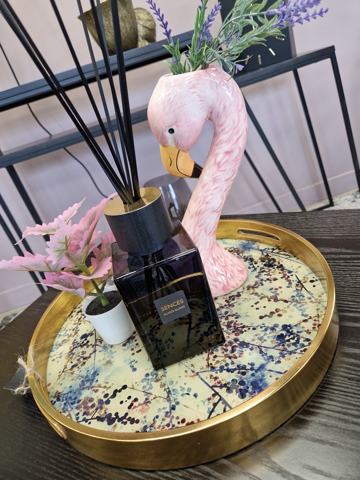 Gold Floral Print Round Serving Tray – Glass Top & Decorative Frame