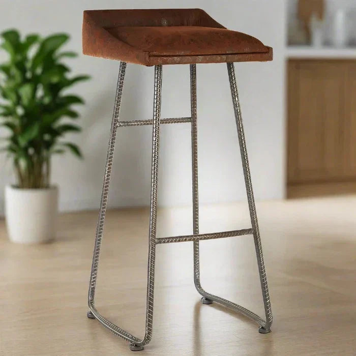 Stylish Leather & Metal Bar Stool – Comfortable Brown Seat & Durable Metal Frame  