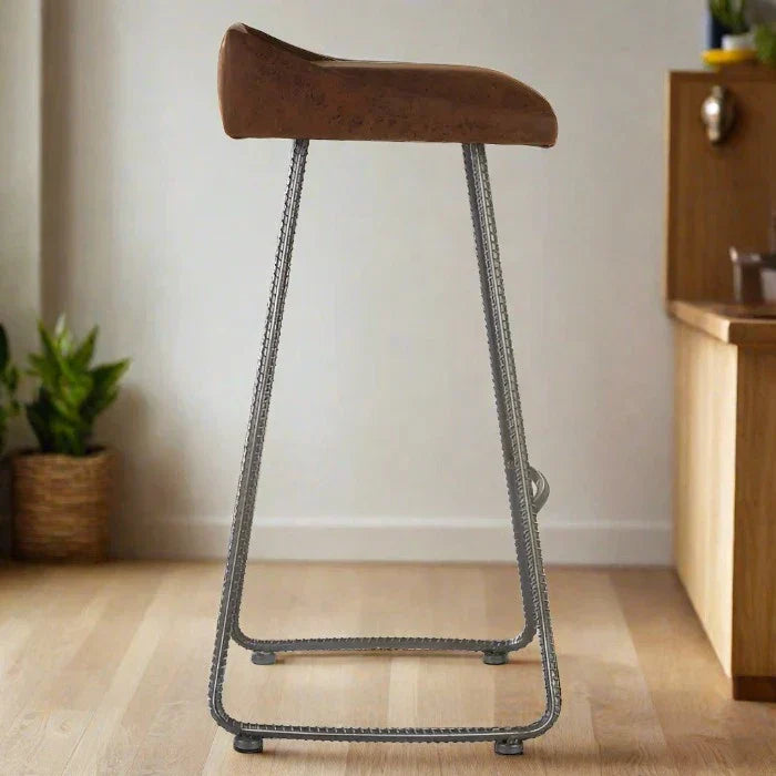 Stylish Leather & Metal Bar Stool – Comfortable Brown Seat & Durable Metal Frame