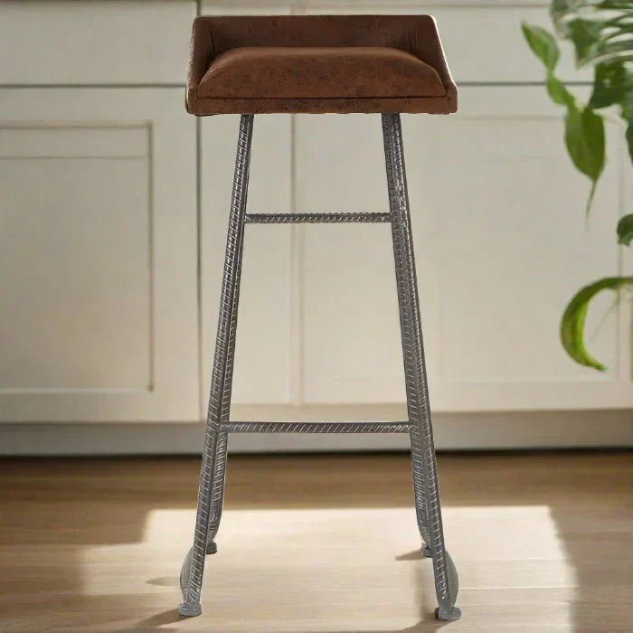 Stylish Leather & Metal Bar Stool – Comfortable Brown Seat & Durable Metal Frame  
