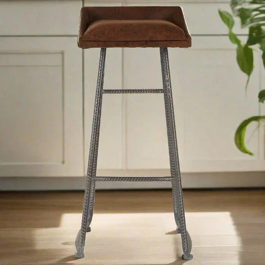 Stylish Leather & Metal Bar Stool – Comfortable Brown Seat & Durable Metal Frame  