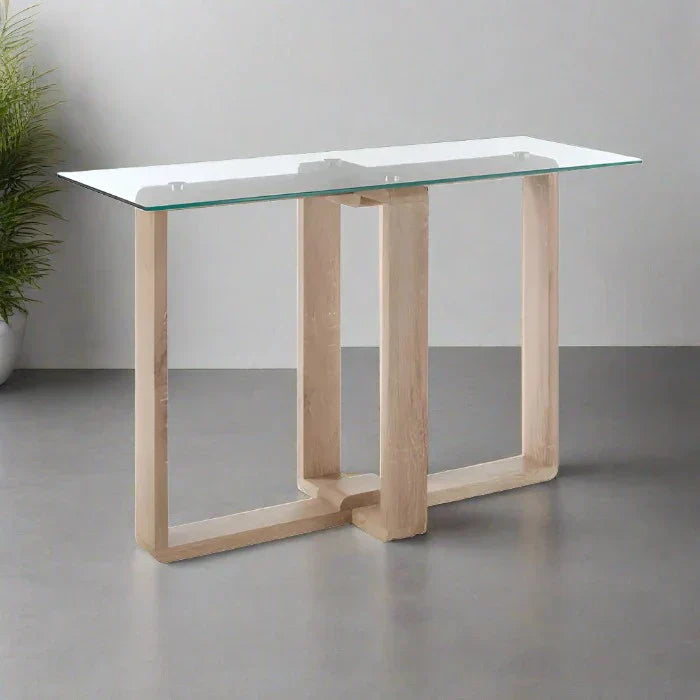 Modern Glass-Top Console Table – Clear Glass with Natural Wood Base -  