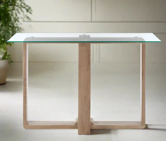 Modern Glass-Top Console Table – Clear Glass with Natural Wood Base -  