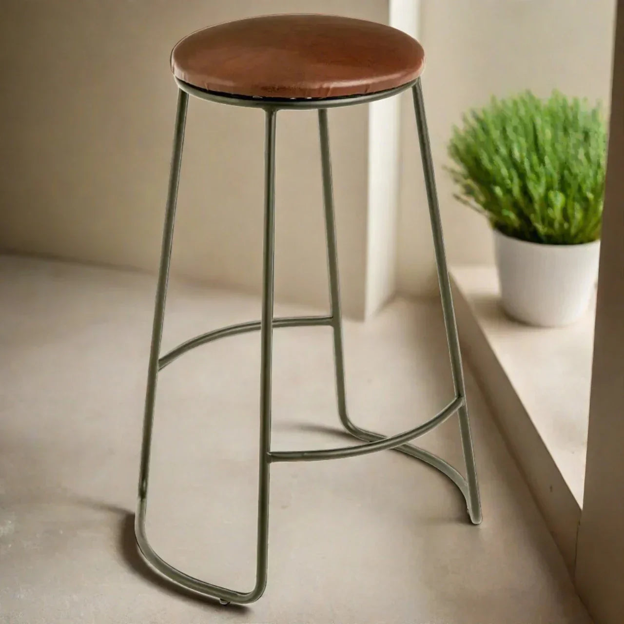 Sleek Brown Leather Stool – Black Metal Frame & Compact Design  