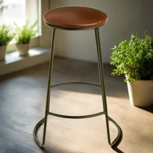 Sleek Brown Leather Stool – Black Metal Frame & Compact Design  