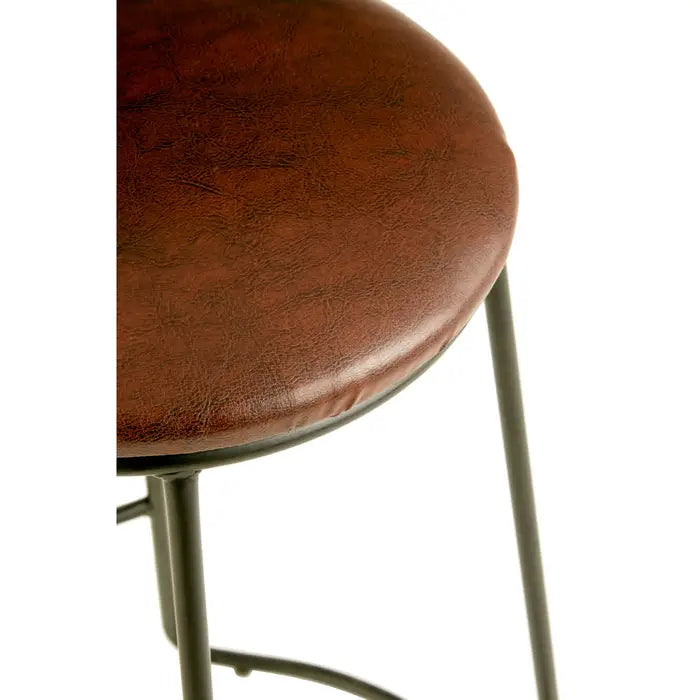 Sleek Brown Leather Stool – Black Metal Frame & Compact Design
