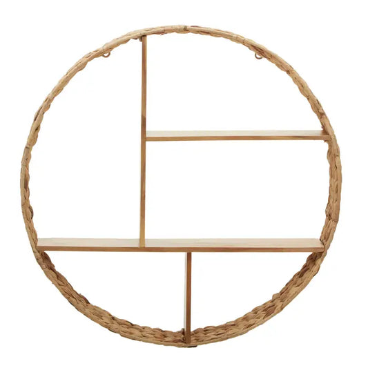 Charming Natural Round Wall Shelf – Woven Accents & Multi Tier Storage - 