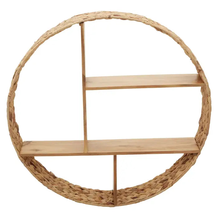 Charming Natural Round Wall Shelf – Woven Accents & Multi Tier Storage - 