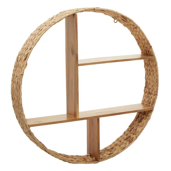 Charming Natural Round Wall Shelf – Woven Accents & Multi Tier Storage