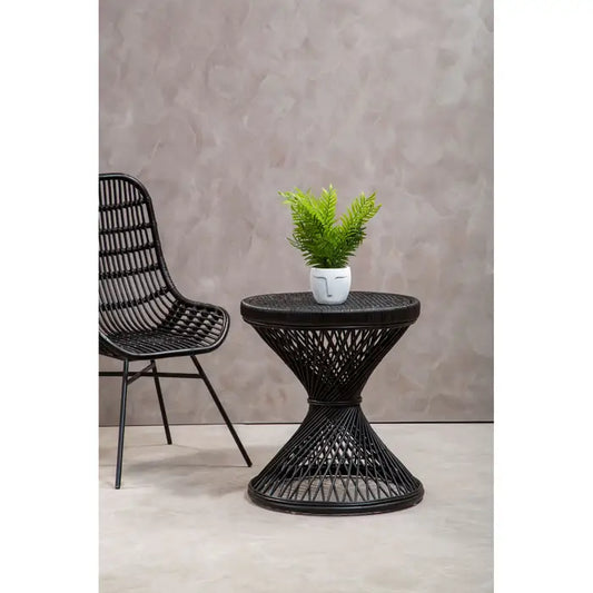Contemporary Black Rattan Side Table – Unique Hourglass Design - 