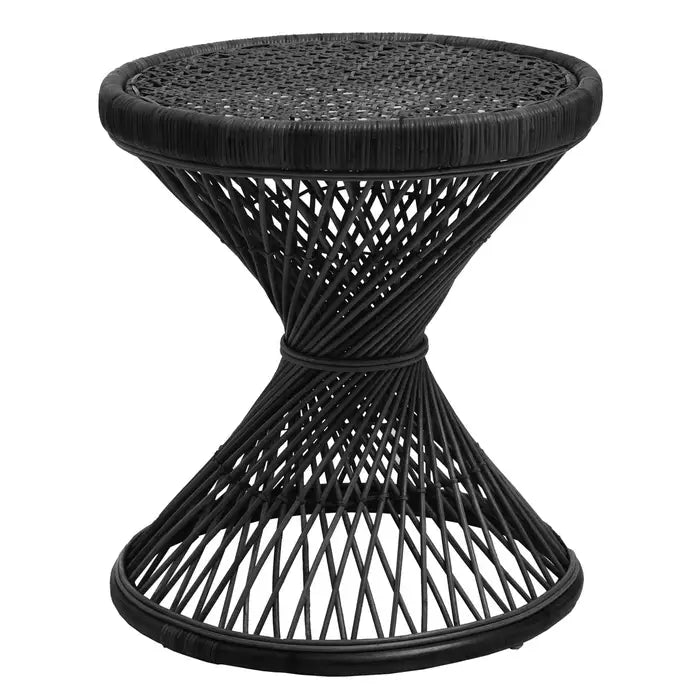 Contemporary Black Rattan Side Table – Unique Hourglass Design