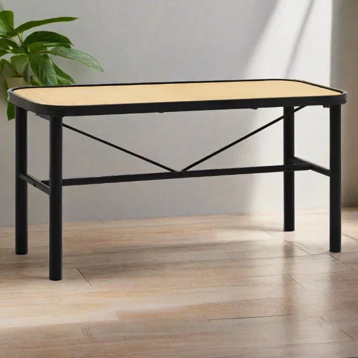 Granville Indoor Bench, Natural Rattan Seat, Black Metal Frame