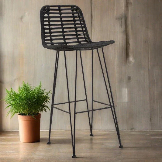 Sleek Black Rattan Bar Stool – Natural Rattan Seat & Metal Frame  