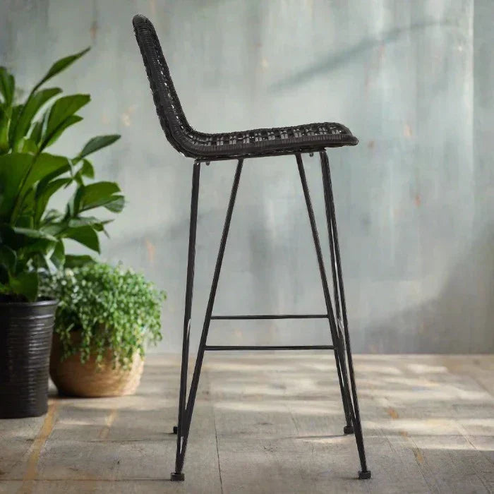 Sleek Black Rattan Bar Stool – Natural Rattan Seat & Metal Frame