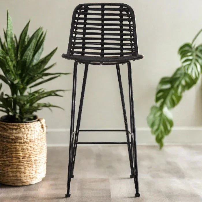 Sleek Black Rattan Bar Stool – Natural Rattan Seat & Metal Frame  