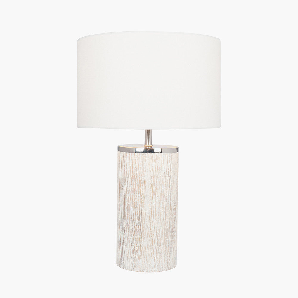 Rustic Grey Wooden Table Lamp – Metal Accents & White Shade