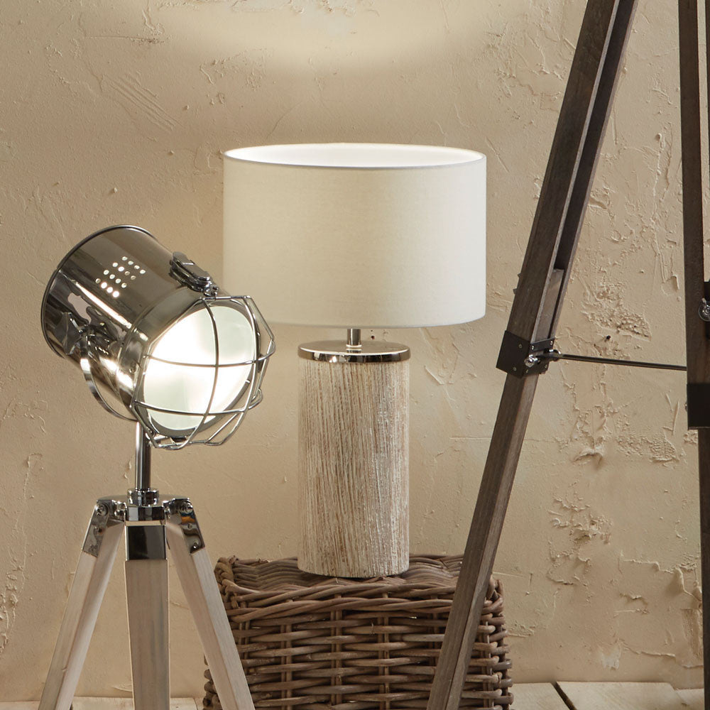Rustic Grey Wooden Table Lamp – Metal Accents & White Shade  
