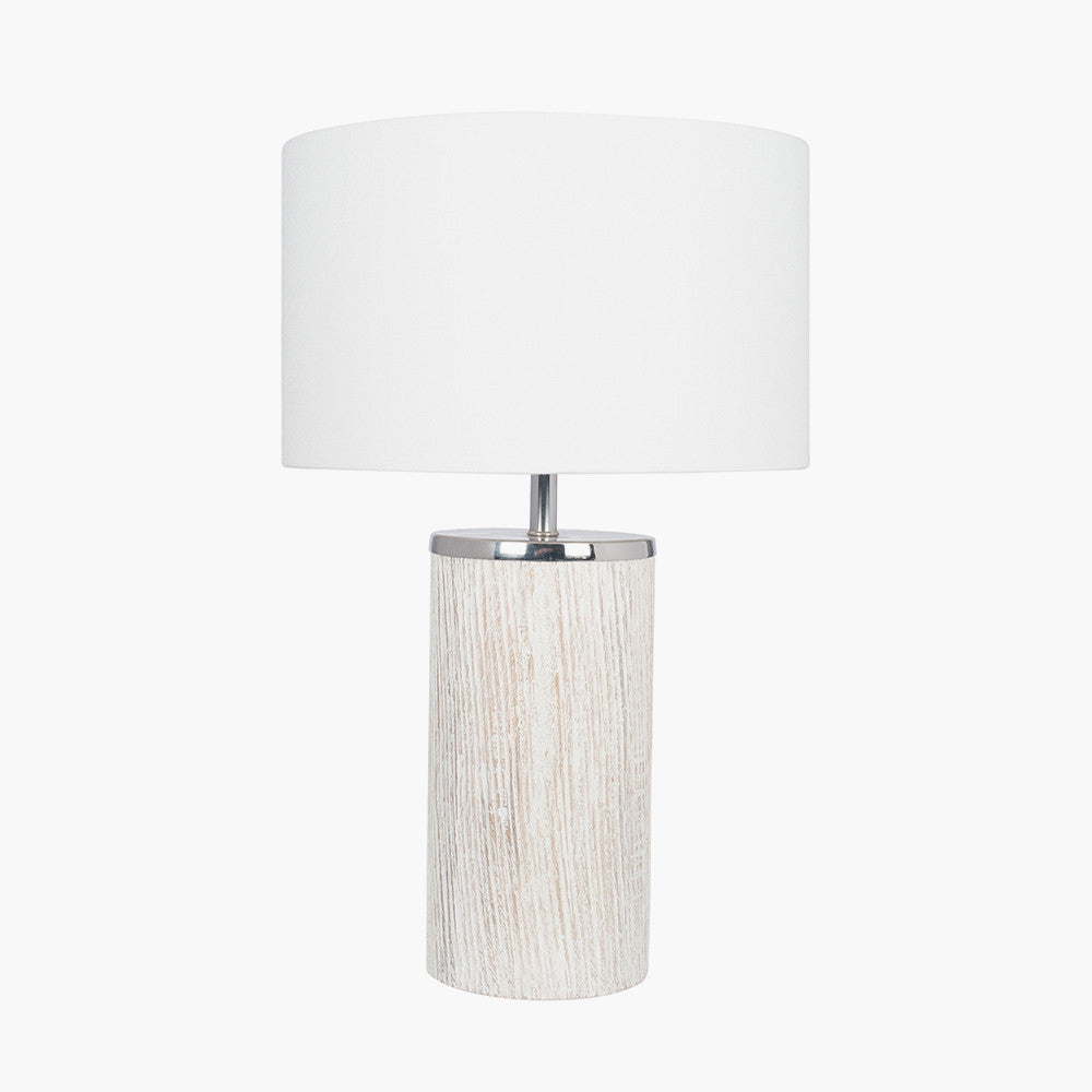 Rustic Grey Wooden Table Lamp – Metal Accents & White Shade  
