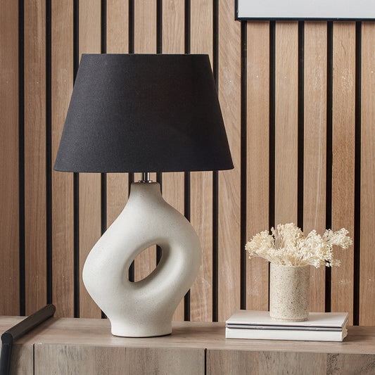 Modern Neutral Ceramic Table Lamp – Sculptural Base & Black Fabric Shade  