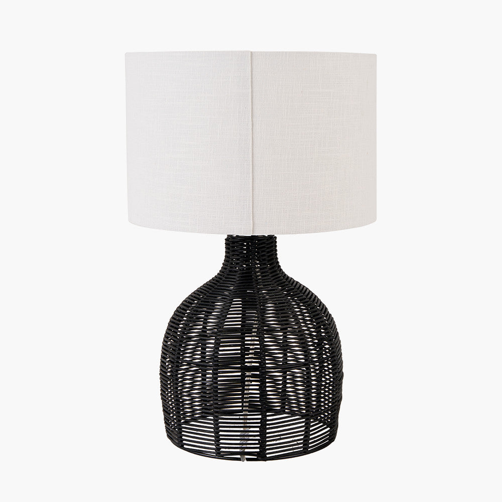 Modern Black Rattan Table Lamp with Linen Shade – 47cm
