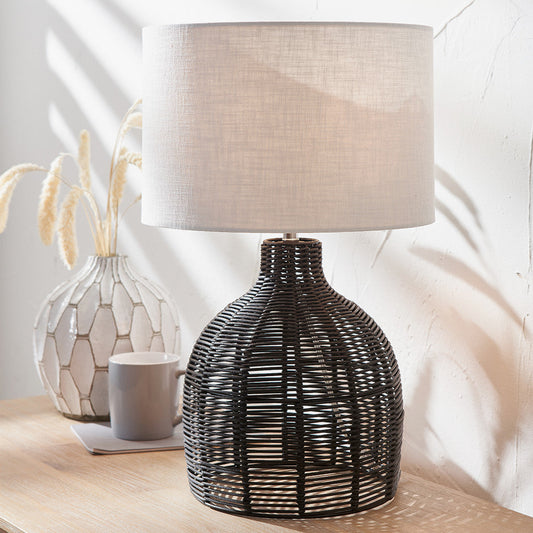 Modern Black Rattan Table Lamp with Linen Shade – Natural & Contemporary  