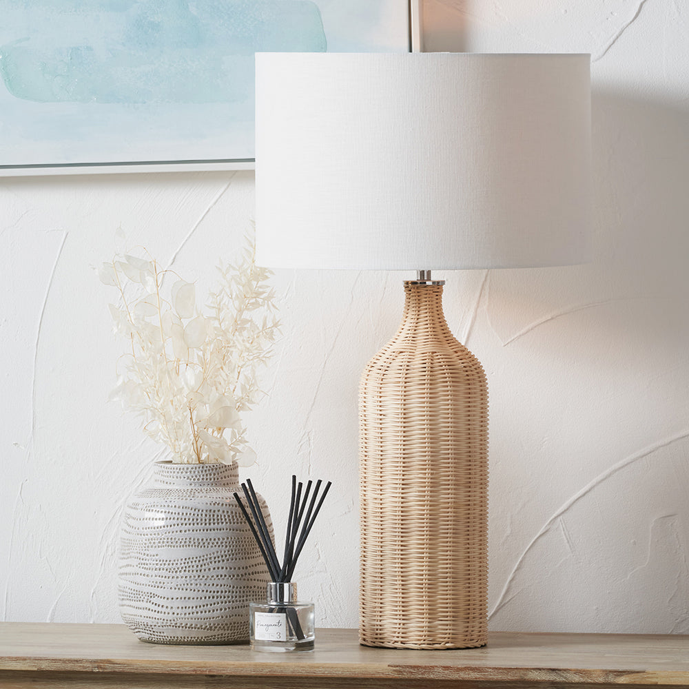 Elegant Natural Rattan Table Lamp – Textured White Linen Shade - 