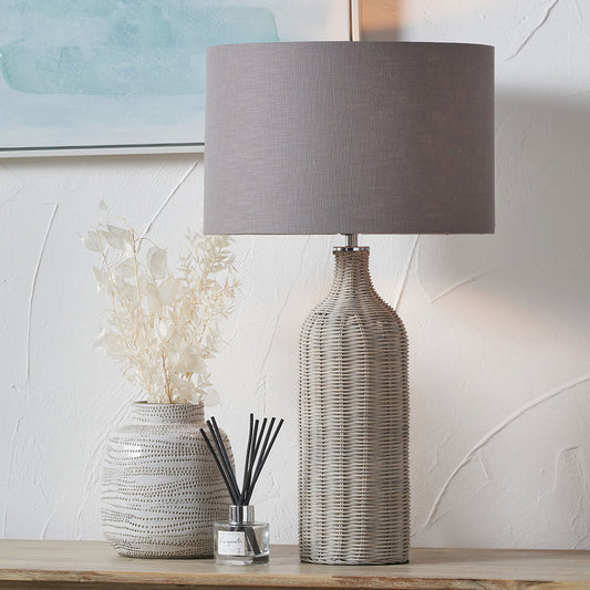 Chic Grey Rattan Table Lamp – Grey Linen Shade & Textured Finish - 