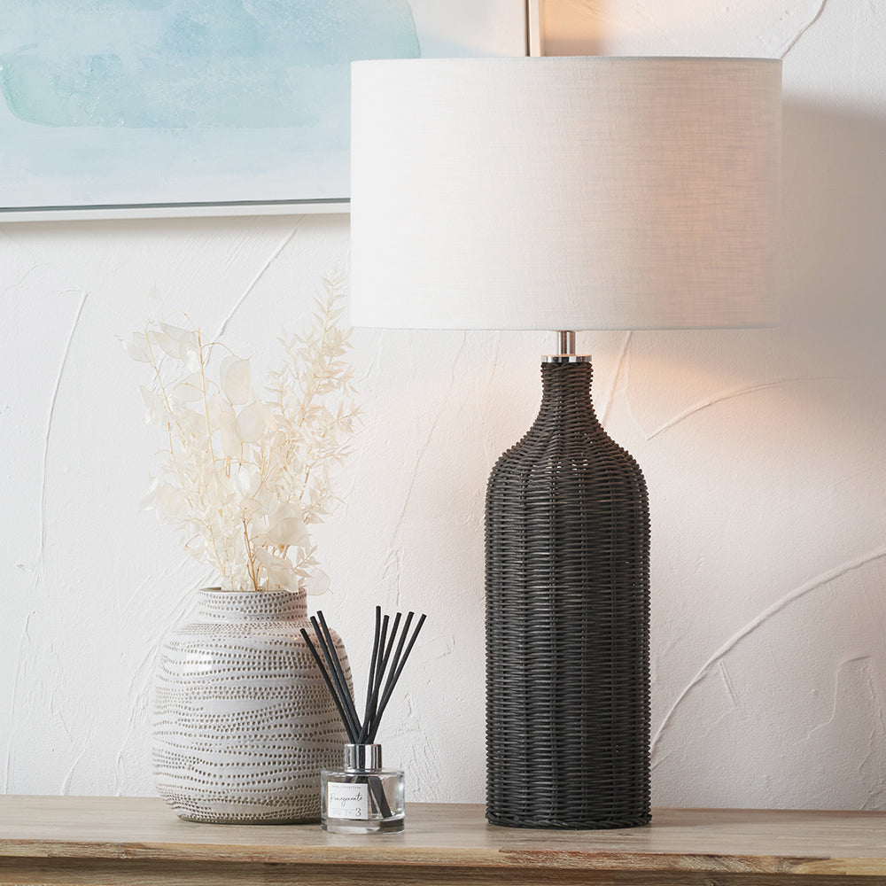 Elegant Black Rattan Table Lamp – White Linen Shade & Modern Design - 