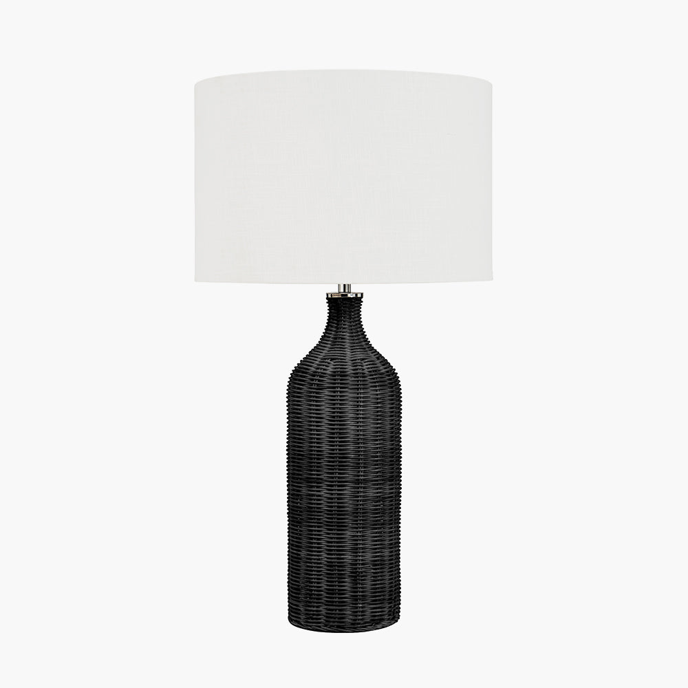 Elegant Black Rattan Table Lamp – White Linen Shade & Modern Design - 