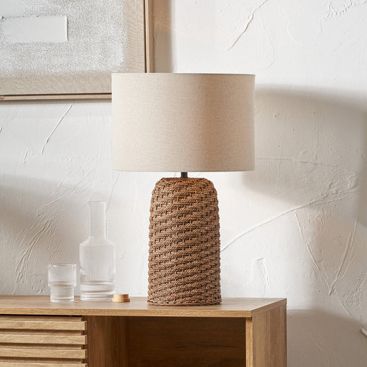 Rustic Woven Seagrass Table Lamp – Textured Base & Cream Linen Shade - 