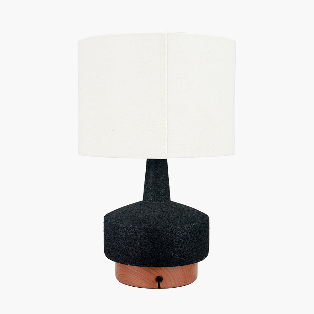Modern Black Textured Table Lamp – Wood Effect Base & White Cotton Shade