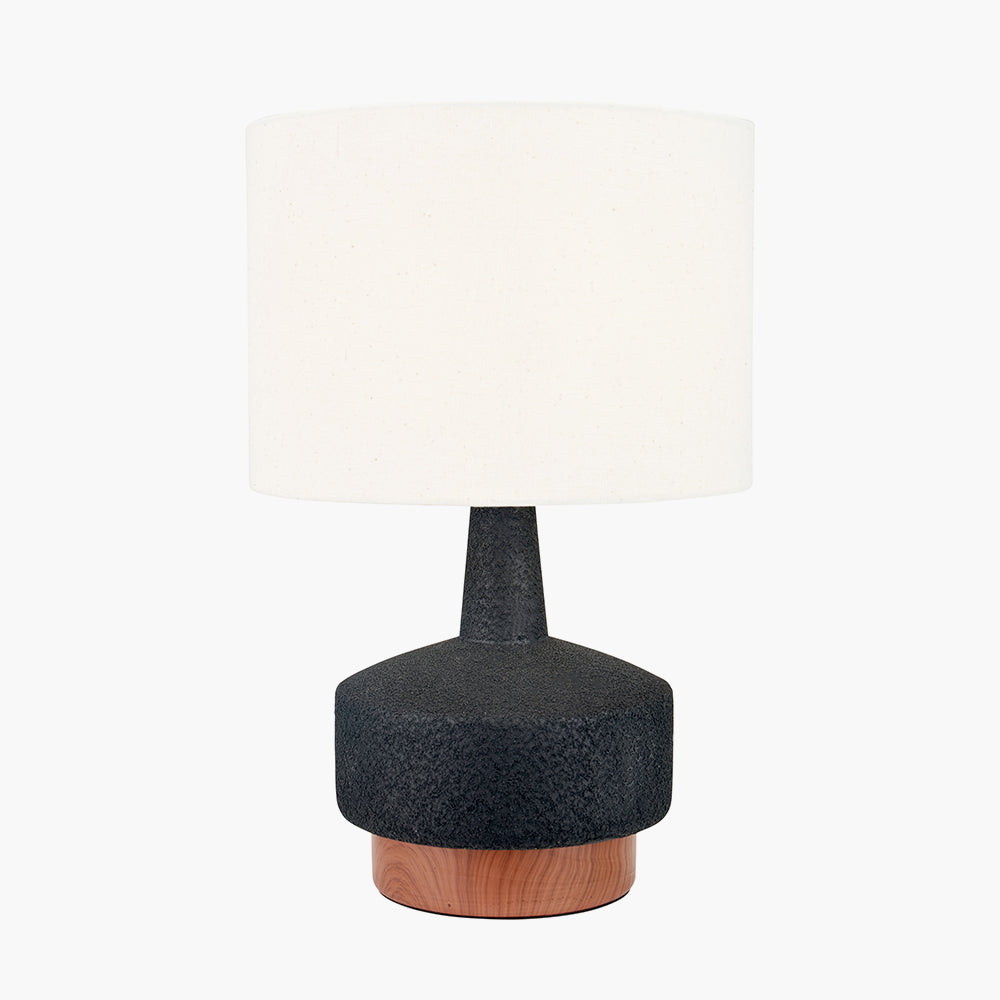 Modern Black Textured Table Lamp – Wood Effect Base & White Cotton Shade - 