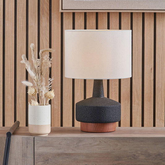 Modern Black Textured Table Lamp – Wood Effect Base & White Cotton Shade - 