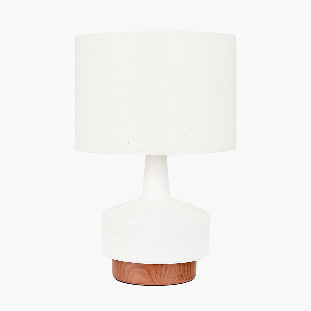Modern White Textured Table Lamp – Wood Effect Base & Natural Linen Shade