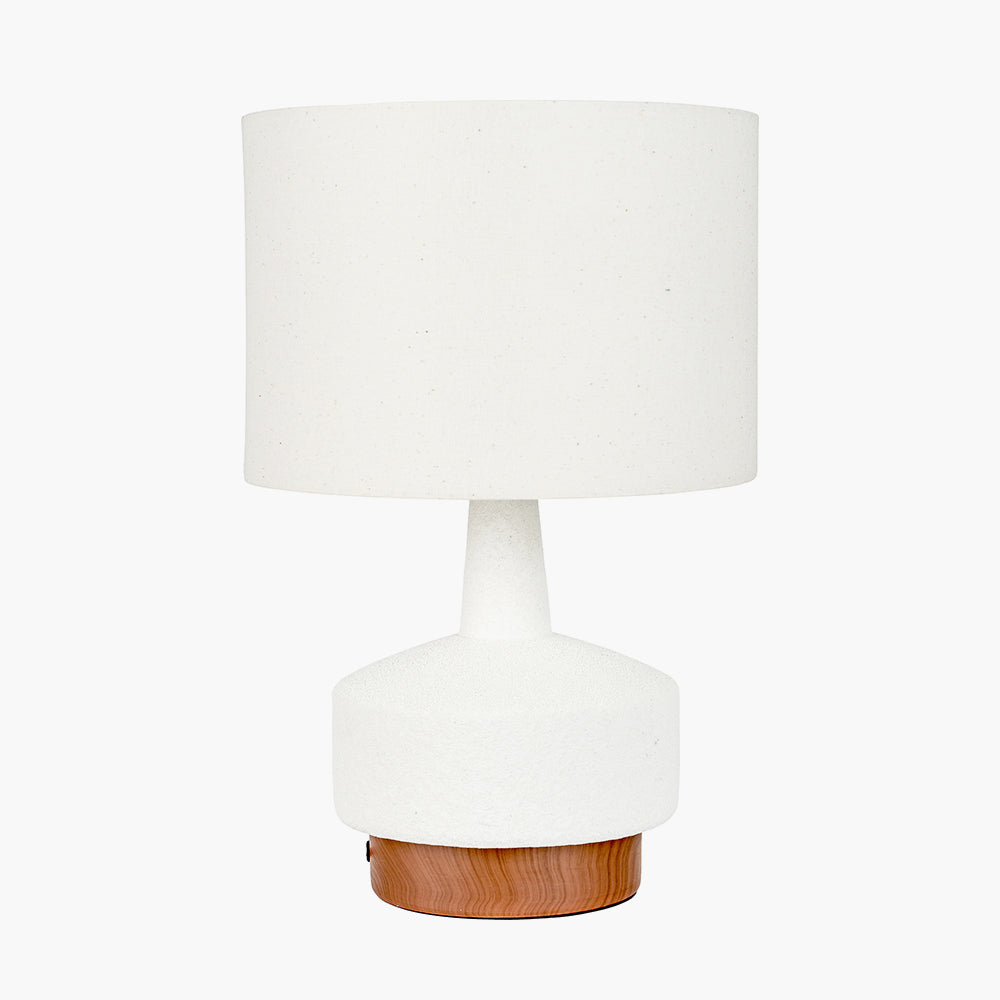 Modern White Textured Table Lamp – Wood Effect Base & Natural Linen Shade