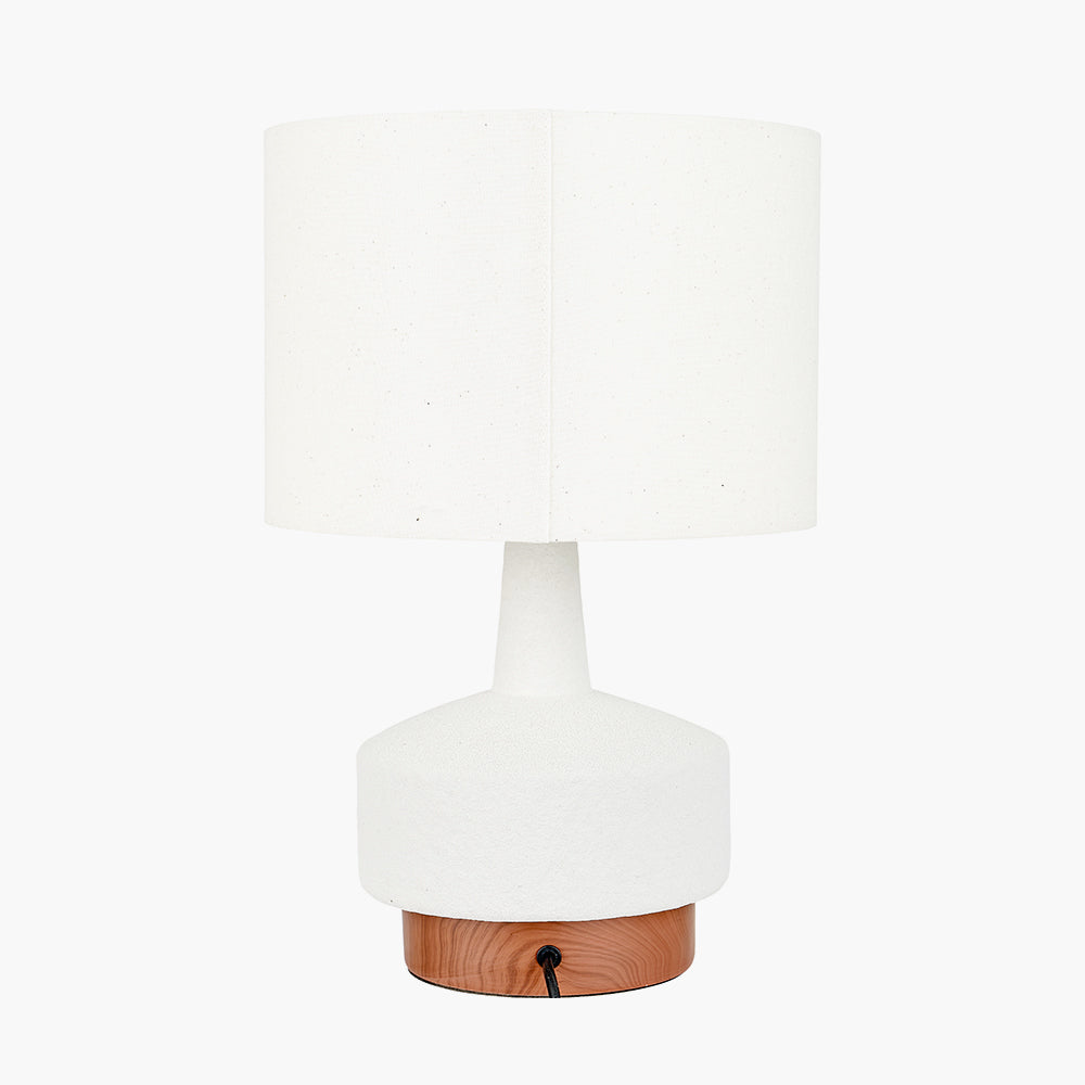 Modern White Textured Table Lamp – Wood Effect Base & Natural Linen Shade
