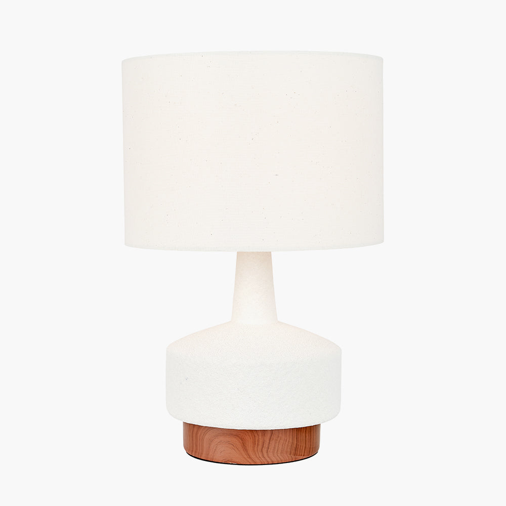Modern White Textured Table Lamp – Wood Effect Base & Natural Linen Shade - 