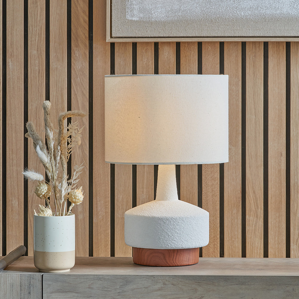 Modern White Textured Table Lamp – Wood Effect Base & Natural Linen Shade - 