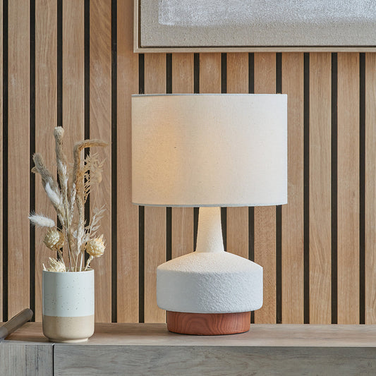Modern White Textured Table Lamp – Wood Effect Base & Natural Linen Shade - 