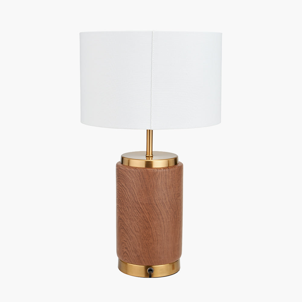 Modern Wood Effect Ceramic Table Lamp – Gold Accents & White Drum Shade
