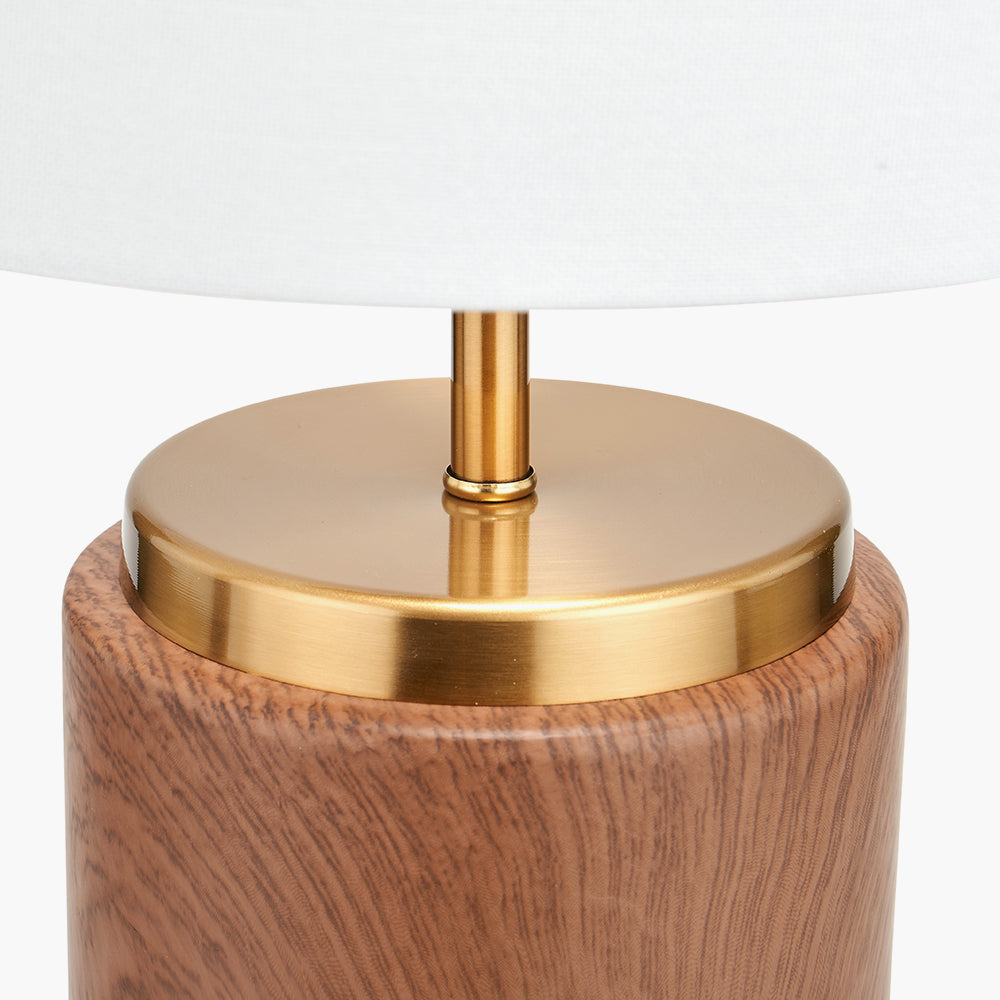 Modern Wood Effect Ceramic Table Lamp – Gold Accents & White Drum Shade