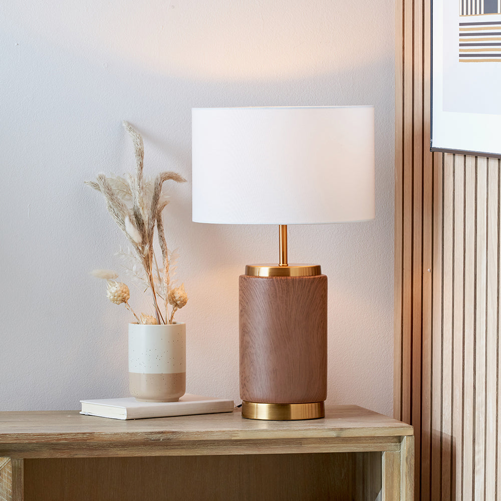 Modern Wood Effect Ceramic Table Lamp – Gold Accents & White Drum Shade - 