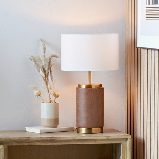 Modern Wood Effect Ceramic Table Lamp – Gold Accents & White Drum Shade - 